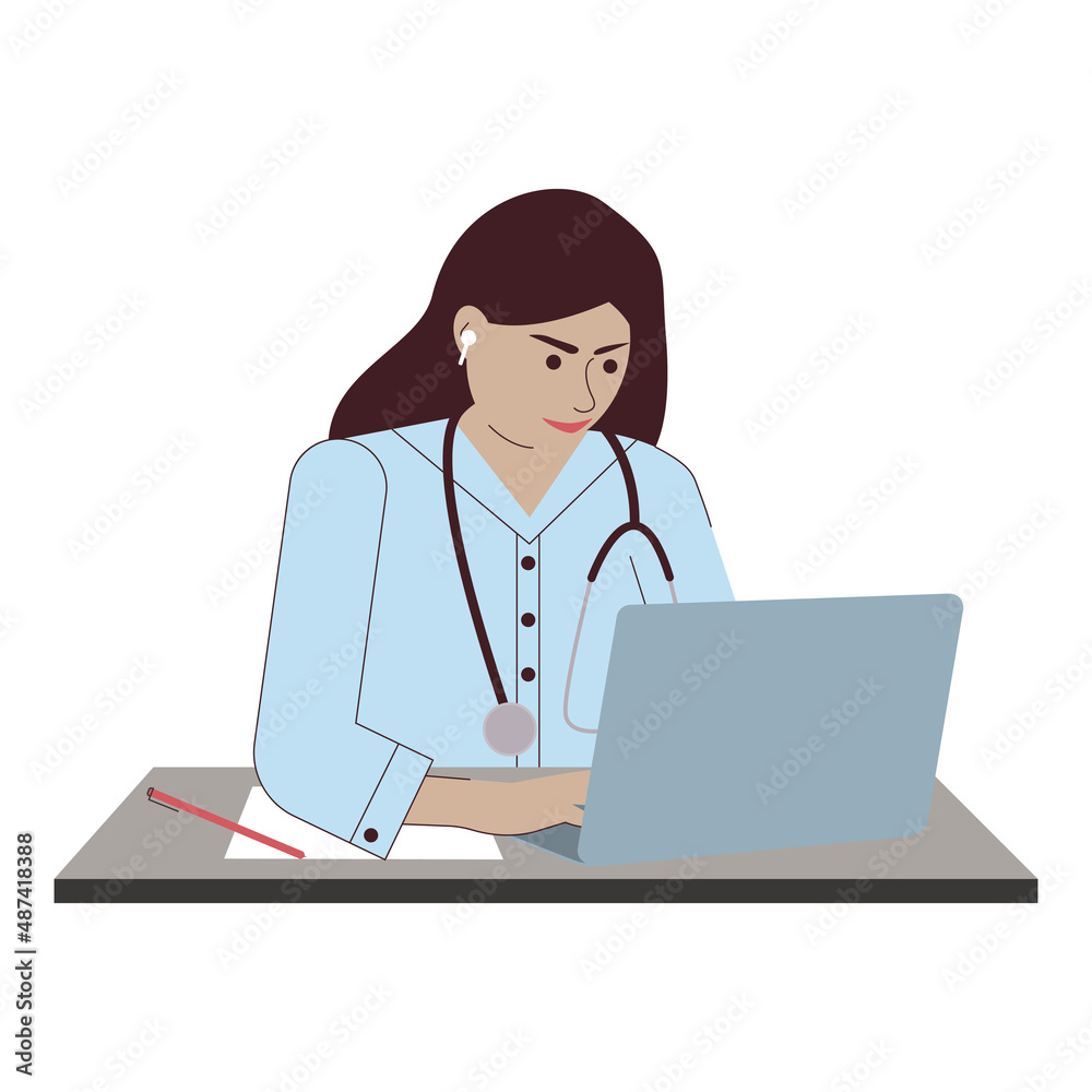 A female doctor consults the patient over the Internet. A doctor helps a patient online. Vector illustration on white background. For print, web design. A female doctor consults the patient over the Internet. A doctor helps a patient online. Vector illustration on white background. For print, web design.