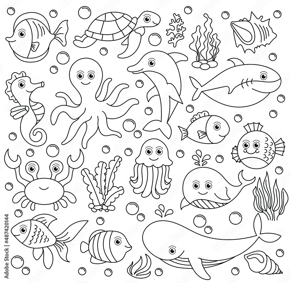 Sea underwater animals set to be colored, the big coloring book for preschool kids with easy educational gaming level. Sea underwater animals set to be colored, the big coloring book for preschool kids with easy educational gaming level.