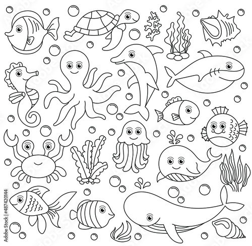 Sea underwater animals set to be colored, the big coloring book for preschool kids with easy educational gaming level.
