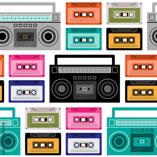Seamless pattern with retro style cassettes and boom boxes. 