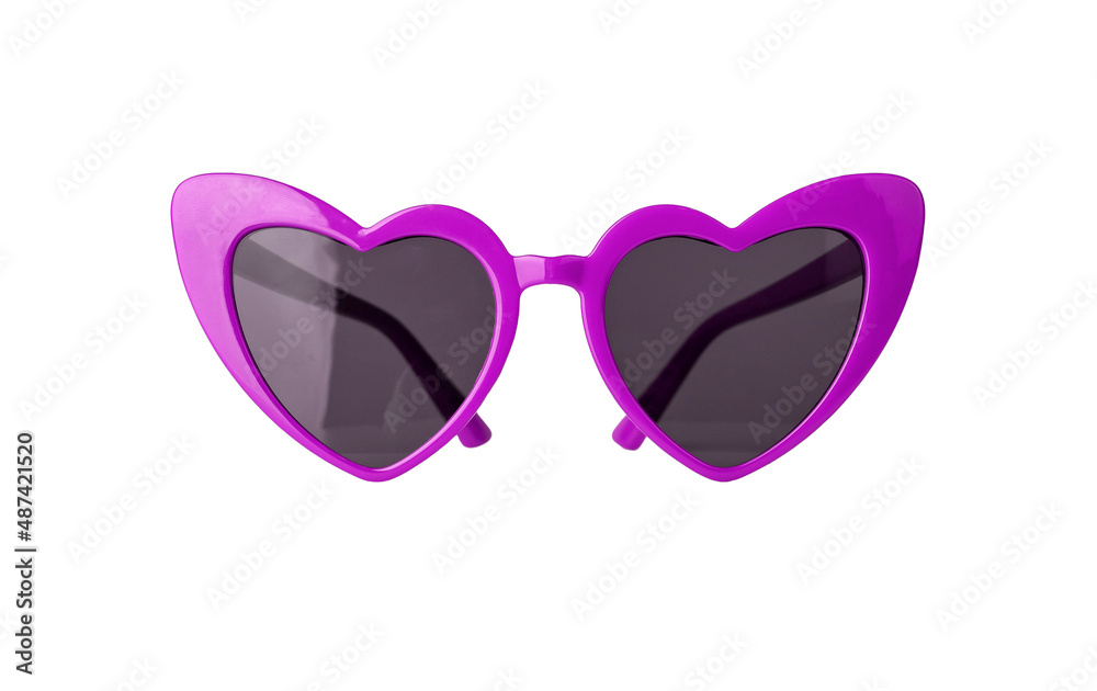 Fototapeta premium Heart-shaped very peri violet sun glasses isolated on white background. Funky funny sunglasses. High quality photo