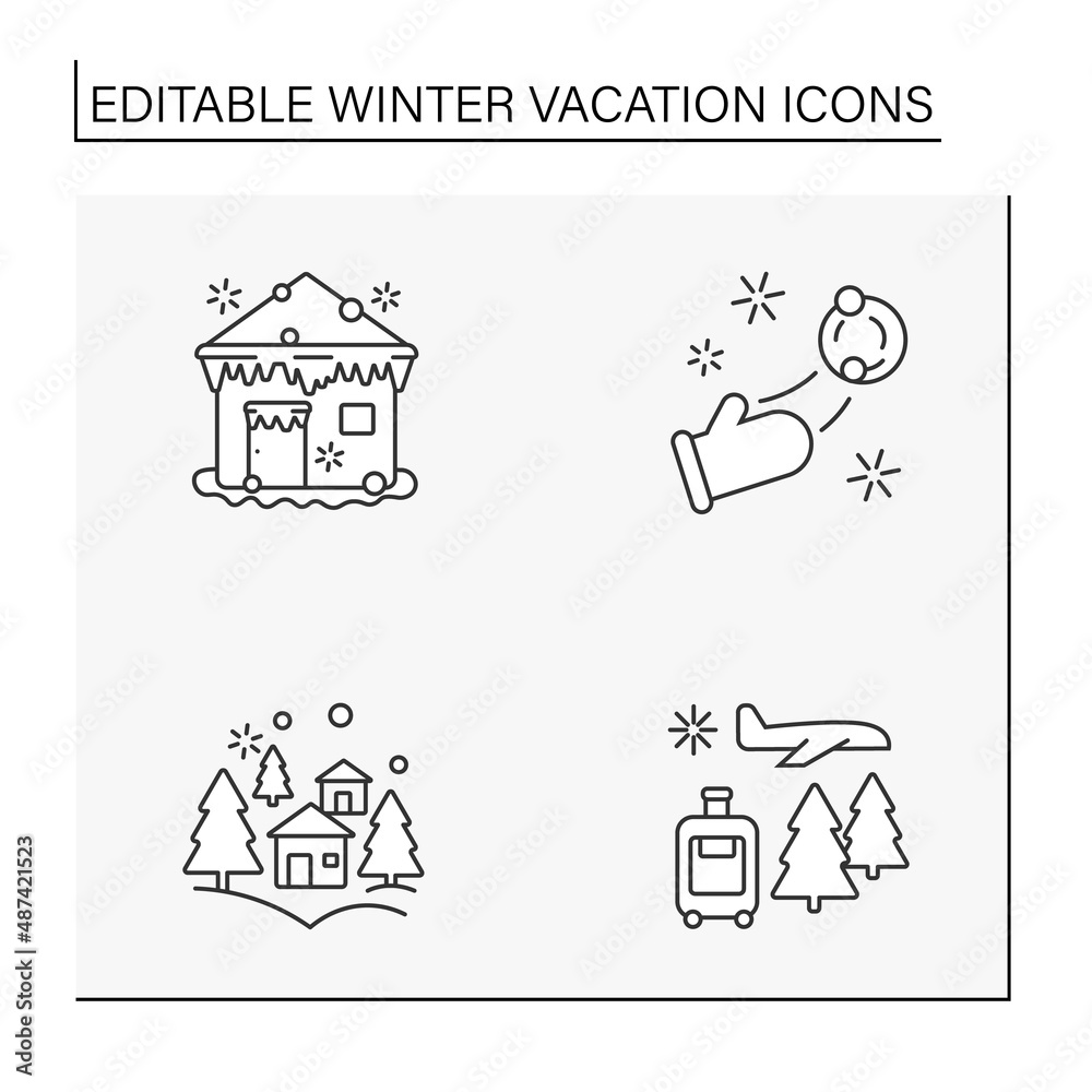 Winter vacation line icons set. Resort. Fun time with family. Snow ball, trip. Christmas presents. Special date. Celebration concept. Isolated vector illustration. Editable stroke