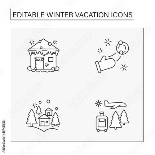 Winter vacation line icons set. Resort. Fun time with family. Snow ball, trip. Christmas presents. Special date. Celebration concept. Isolated vector illustration. Editable stroke