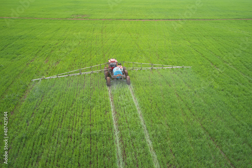 Chemical protection of agriculture from pests and diseases. A self-propelled sprayer sprays a pesticide on a field with seedlings. Shooting from a drone.