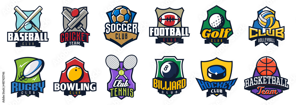 Set of sports logos. Emblems soccer, basketball, cricket, hockey ...