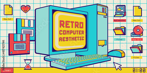 Retro computer, nostalgia desktop folders and icons. Old user interface. Wide horizontal Back to 90's banner with desktop elements and quote: "Retro computer aesthetic".