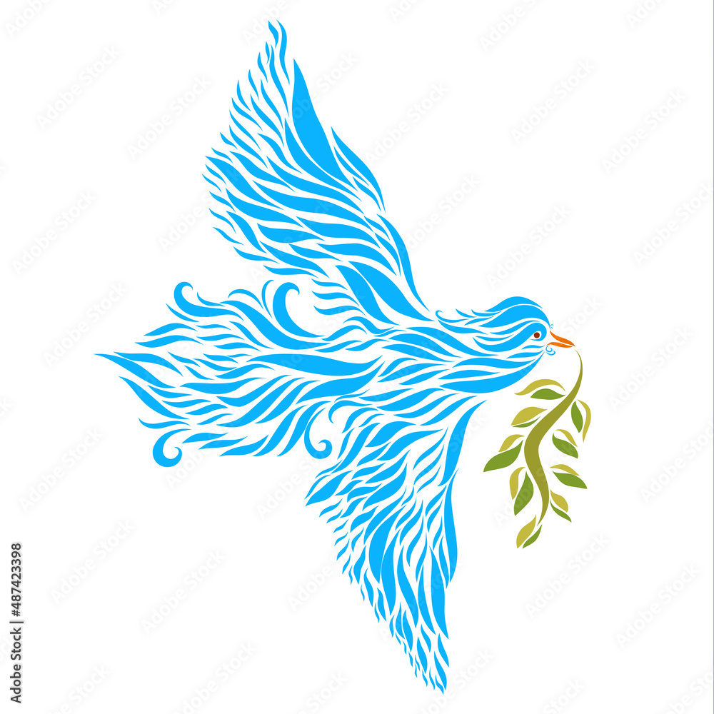 Obraz premium dove of blue color with a green branch of an olive tree flies a christian symbol