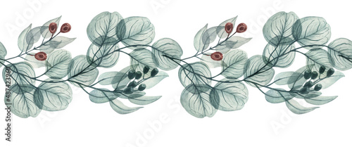 Watercolor floral illustration, dusty red and blue berries with transparent petals, seamless border,. Hand drawn watercolor illustration on a white background 