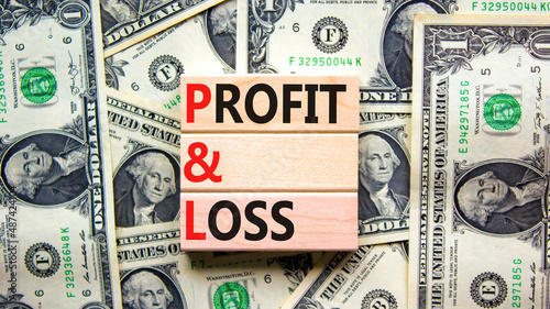 P and L profit and loss symbol. Concept words P and L profit and loss on wooden blocks on a beautiful background from dollar bills. Business and P and L profit and loss concept. Copy space.