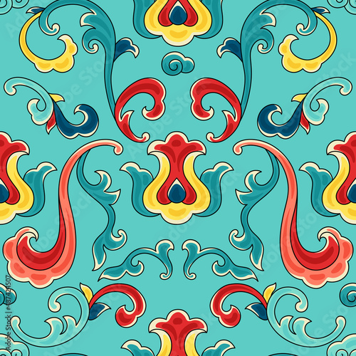 Chinese traditional ceramic ornament seamless pattern. Oriental traditional floral porcelain pottery ornament.