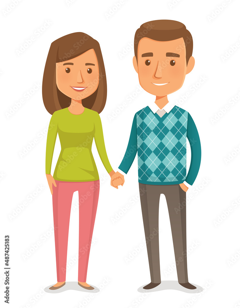 nice cartoon illustration of a happy young couple, smiling and holding hands