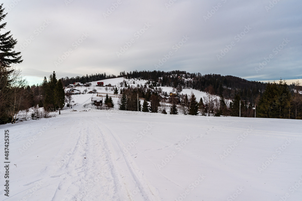 Cieslar hill from Maly Stozek in winter Slezske Beskydy mountains on czech - polish borders