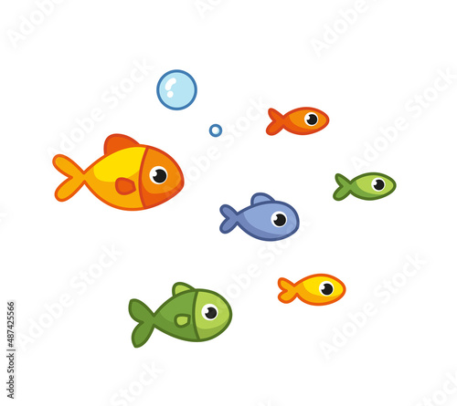 A flock of small multi-colored fish babies. Vector illustration in cartoon childish style. Isolated funny clipart on white background. cute print.