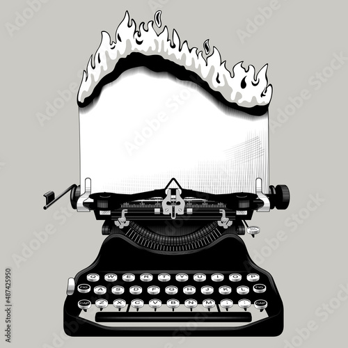 Engraved vintage drawing of an old typewriter with a burning paper