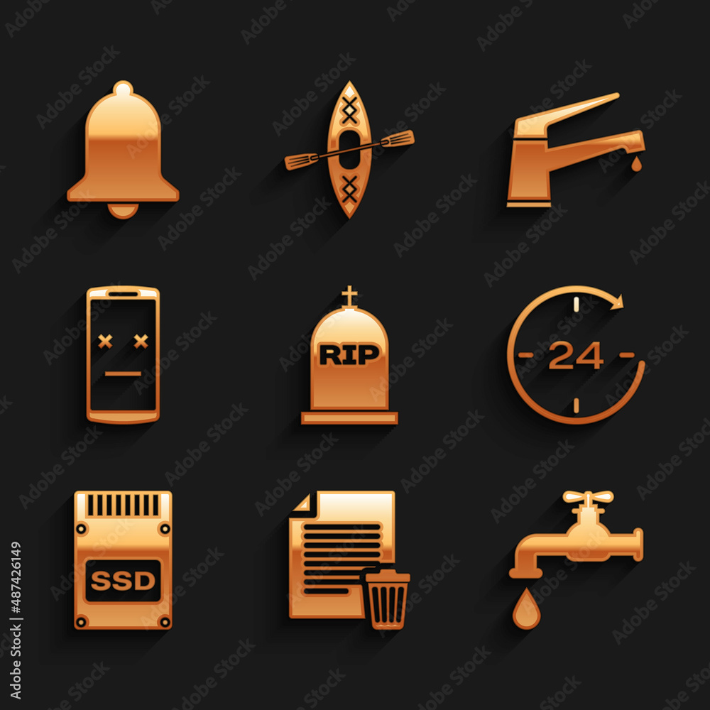 Set Tombstone with RIP written, Delete file document, Water tap, Clock 24 hours, SSD card and Dead mobile icon. Vector Set Tombstone with RIP written, Delete file document, Water tap, Clock 24 hours, SSD card and Dead mobile icon. Vector