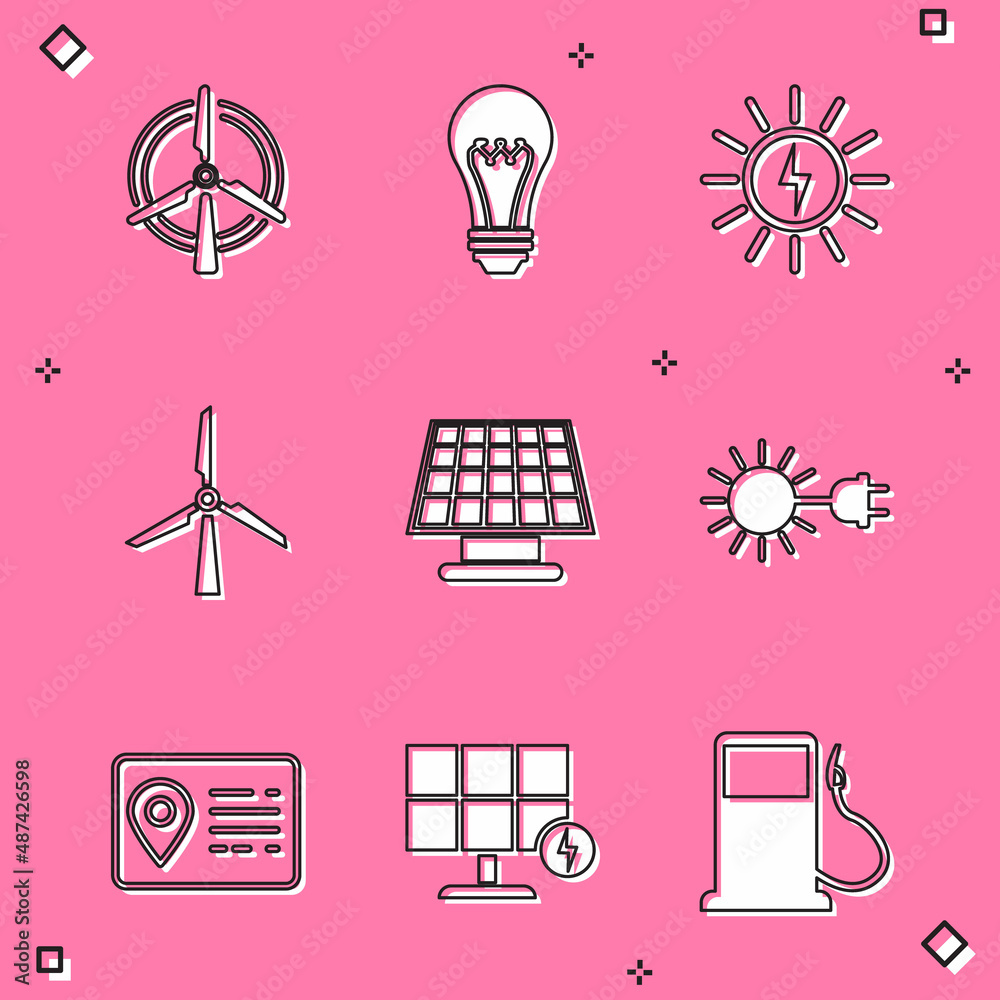 Set Rotating wind turbine, Light bulb, Solar energy panel, Wind, Sun with electric plug, Address book and icon. Vector Set Rotating wind turbine, Light bulb, Solar energy panel, Wind, Sun with electric plug, Address book and icon. Vector