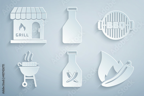 Set Ketchup bottle, Barbecue grill, grilled shish kebab, Hot chili pepper pod, and shopping building icon. Vector