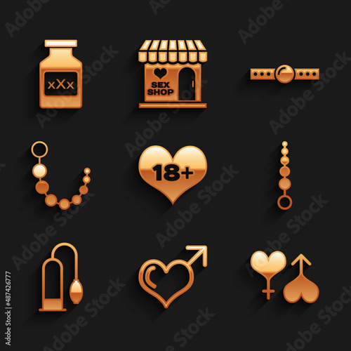 Set 18 plus content heart, Male gender and, female, Anal beads, Penis pump, Silicone ball gag and Bottle with pills for potency icon. Vector