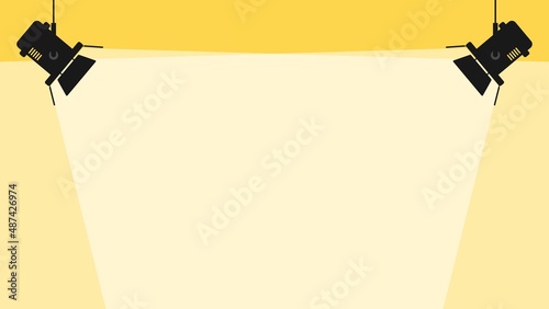 Two black spotlights illuminated on yellow wall. Lamp light projectors glowing with scattered rays. Cinema background. Projecting beam of light on futuristic scape with place for text. Cinema concept.
