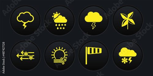 Set Wind and snow, Pinwheel, sun, Cone windsock wind vane, Storm, Cloud with rain,, lightning and icon. Vector