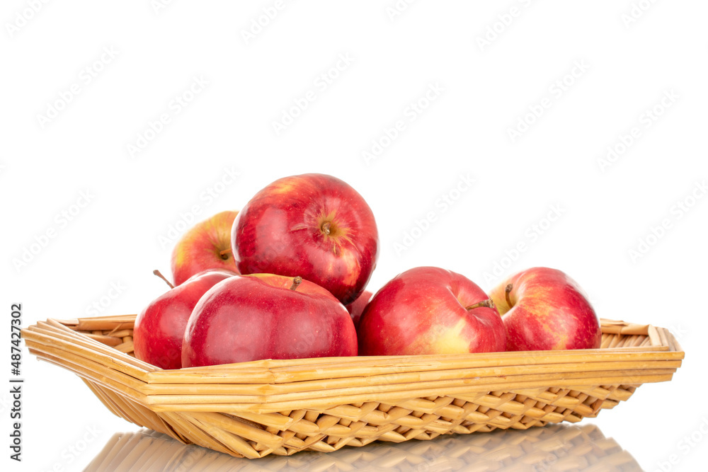 A few sweet organic, red apples in a plate of straw, macro, isolated on a white background.

