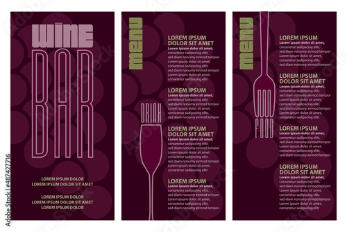 Flyer menu en 3 parties pour un bar à vin avec une couverture, une carte des vin et une carte pour manger.