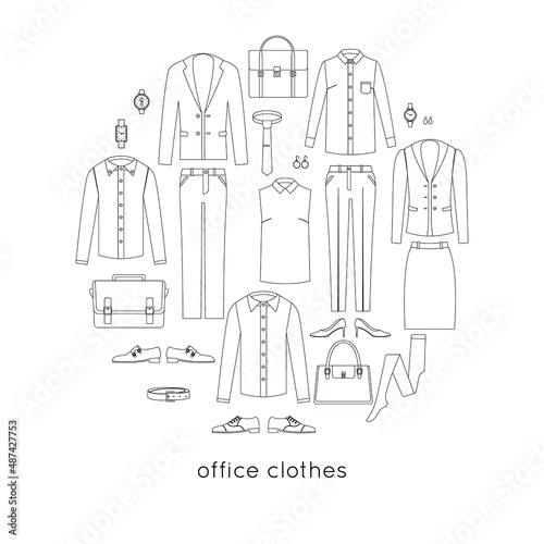 Vector circle made from business clothes  shirt  jacket  tie  skirt  pants  shoes  bag  wrist watch. Contour style. Round iinear poster. 