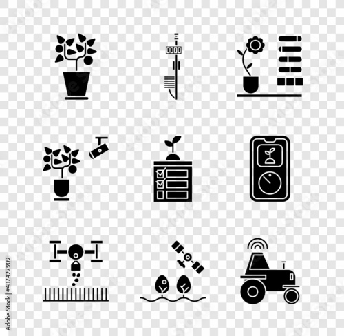 Set Plant in pot, Standalone sensor, Flower status, Smart farm with drone, Wireless tractor smart, farming technology and icon. Vector