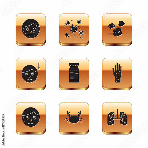 Set Face with psoriasis or eczema, Man excessive sweating, Crab, Medicine bottle and pills, High human body temperature, Dust, Lungs and Bacteria icon. Vector