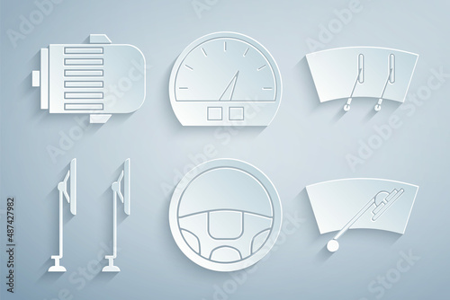Set Steering wheel, Windscreen wiper, Speedometer and Electric engine icon. Vector