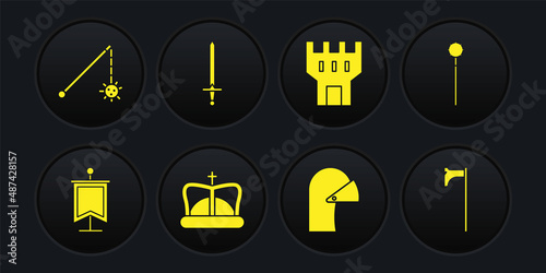 Set Medieval flag, chained mace ball, King crown, iron helmet, Castle tower, sword, axe and icon. Vector
