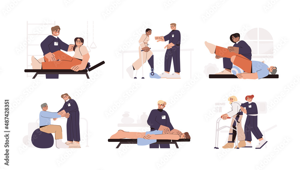 Flat physiotherapy doctors take care of people rehab. Physical therapist or orthopedic help patient recovery after leg, knee or back injuries. Exercises with medical equipment in rehabilitation clinic Flat physiotherapy doctors take care of people rehab. Physical therapist or orthopedic help patient recovery after leg, knee or back injuries. Exercises with medical equipment in rehabilitation clinic