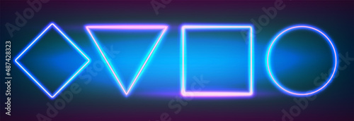 Realistic neon set frames different geometric shapes with led backlighting. Glowing fluorescent border on dark background. Bright illuminated shape of triangle, square, circle and rhombus form.