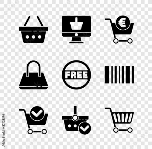 Set Shopping basket, Monitor with shopping, cart and euro, check mark, Handbag and Price tag Free icon. Vector