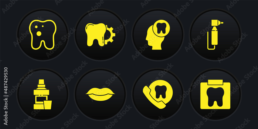 Set Mouthwash bottle, Tooth drill, Smiling lips, Online dental care, Human head with tooth, treatment procedure, X-ray of and caries icon. Vector Set Mouthwash bottle, Tooth drill, Smiling lips, Online dental care, Human head with tooth, treatment procedure, X-ray of and caries icon. Vector