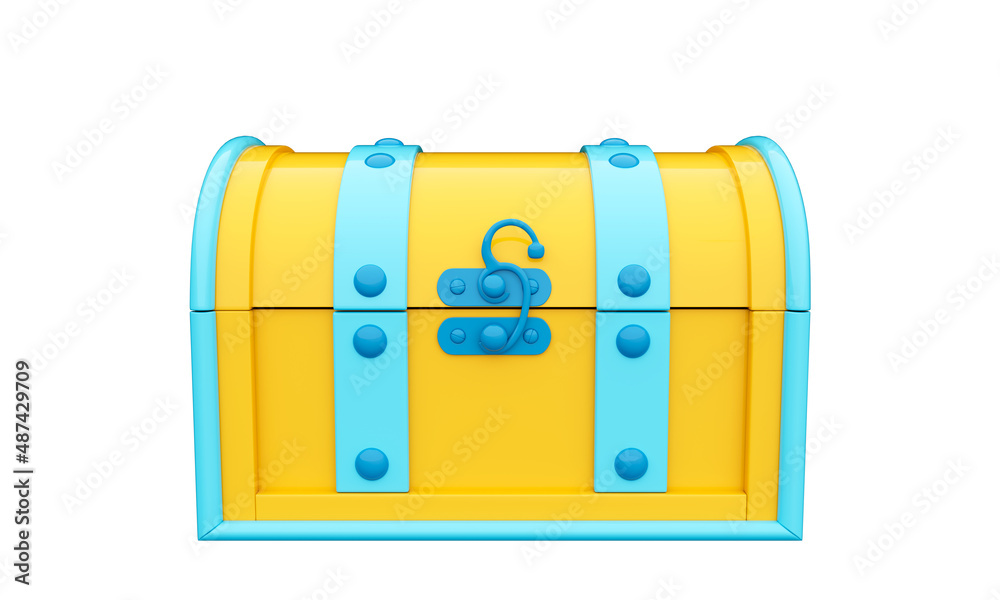 Cartoon chest toy in bright saturated colors of yellow and blue with closed lid. Isolated on white background. 3D rendering. 3d illustration Cartoon chest toy in bright saturated colors of yellow and blue with closed lid. Isolated on white background. 3D rendering. 3d illustration