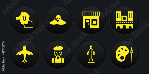 Set Plane, Notre Dame, French man, Street light, Coffee shop, Elegant women hat, Paint brush with palette and Poodle dog icon. Vector