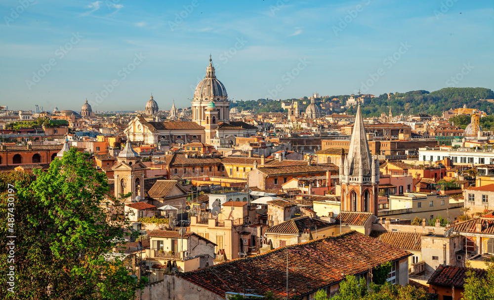 Rome aerial view from monte pincio viewpoint at Villa Borghese.