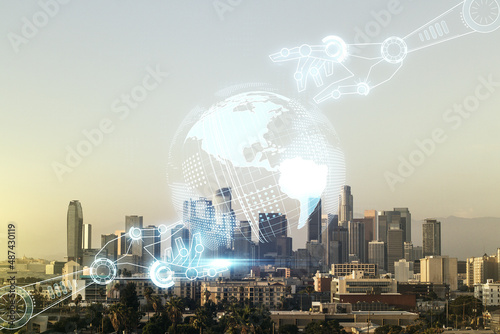 Abstract virtual robotics technology hologram with globe on Los Angeles cityscape background, artificial intelligence and machine learning concept. Multi exposure