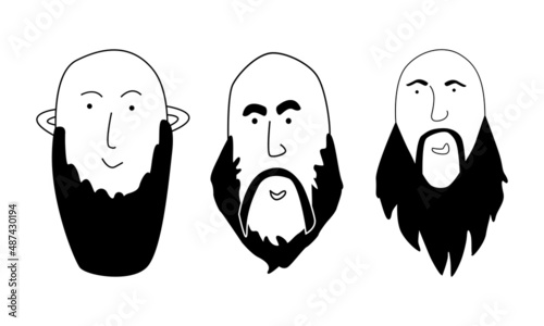 Set of bald men, hipsters with beards. Silhouettes, emblems, badges, labels. Vector illustration in doodle style.