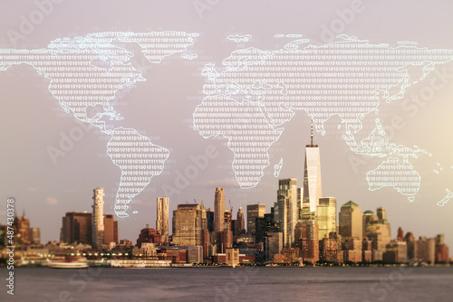 Abstract creative digital world map on New York cityscape background, globalization concept. Multiexposure