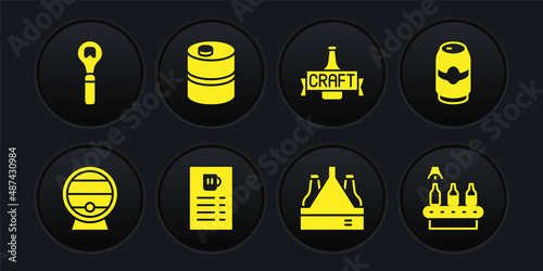Set Wooden barrel on rack, Beer can, menu, Pack of beer bottles, Metal keg, Conveyor band, and Bottle opener icon. Vector