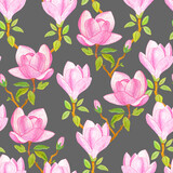 Magnolia flowers seamless watercolor pattern. 