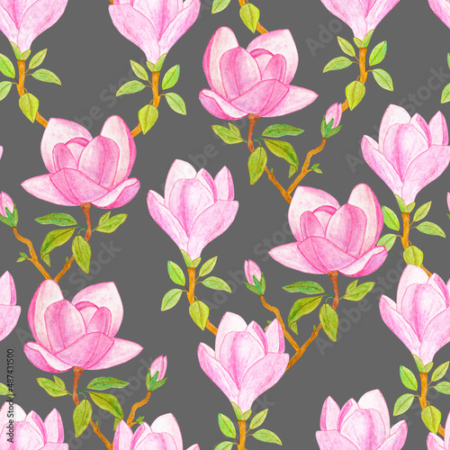 Magnolia flowers seamless watercolor pattern. 