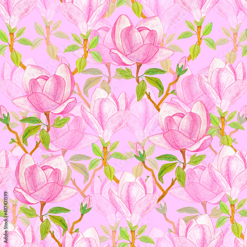 Magnolia flowers seamless watercolor pattern. 