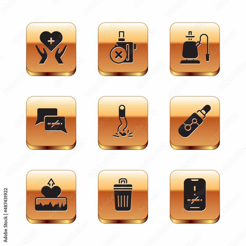 Set Heart with cross, Heartbeat increase, Trash can, Cigarette butt, No smoking, Hookah, and electronic cigarette icon. Vector Set Heart with cross, Heartbeat increase, Trash can, Cigarette butt, No smoking, Hookah, and electronic cigarette icon. Vector