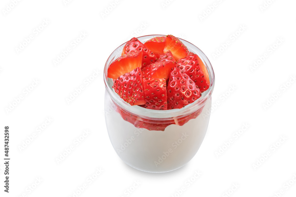 Greek yogurt with strawberries in a glass on a white isolated background Greek yogurt with strawberries in a glass on a white isolated background