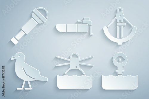 Set Lighthouse, Anchor, Bird seagull, Periscope, Inflatable boat with motor and Spyglass telescope lens icon. Vector