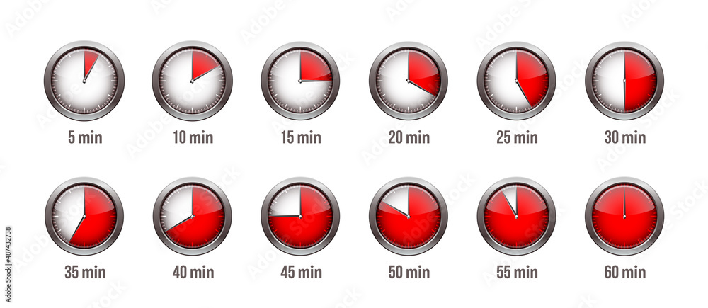 Timer clock, stopwatch icon set. Label preparation time or cooking time