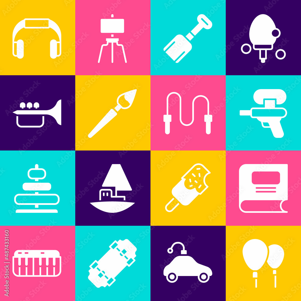 Set Balloons, Book, Water gun, Shovel toy, Paint brush, Trumpet, Headphones and Jump rope icon. Vector Set Balloons, Book, Water gun, Shovel toy, Paint brush, Trumpet, Headphones and Jump rope icon. Vector